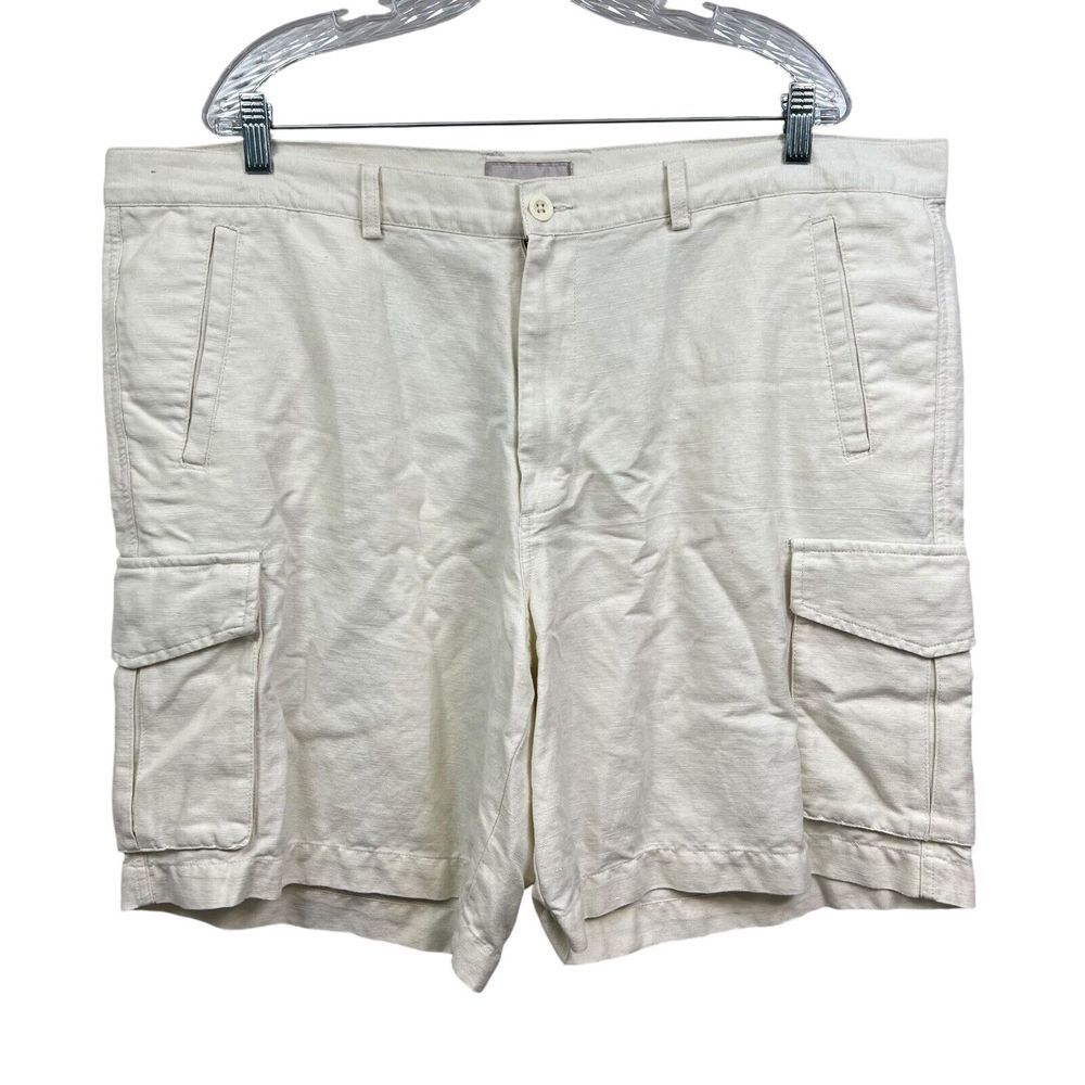 Breakwater Mens Linen Cargo Shorts Flat Front Slit Pockets Zip Fly Cream Sz W44*